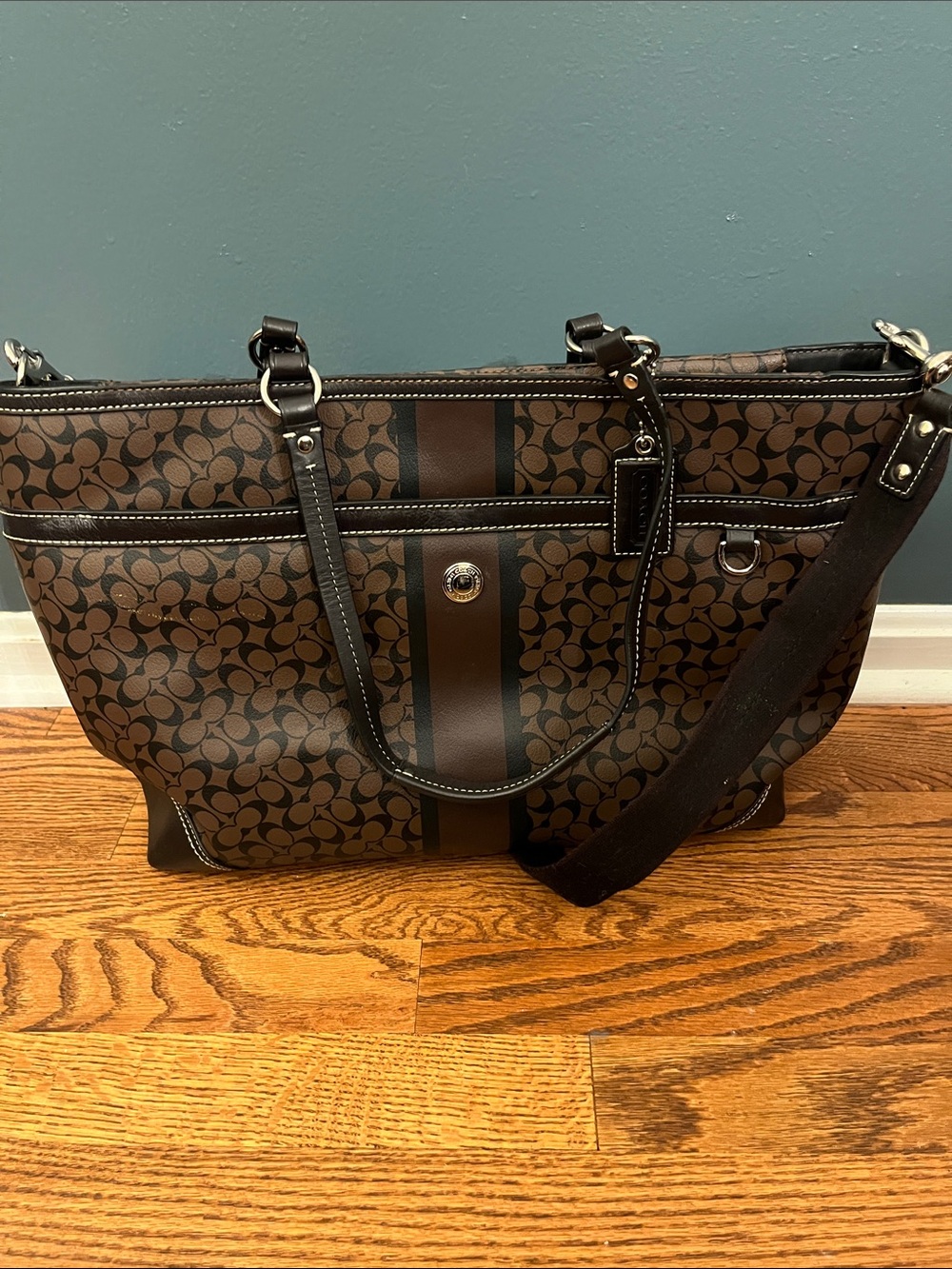 Coach Signature C Embossed Leather Heritage Tote Purse Brown & Black F15134